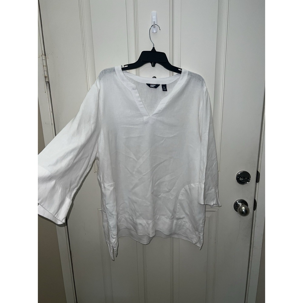 Womens White Lands End Minimalist Lagenlook Casual Preppy 3/4 Sleeve Tunic Sz Xl